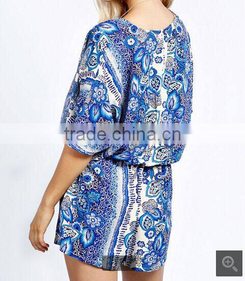 2015 sexy womens deep V neck plus size open front African Print Kimono Sleeve loose Playsuit