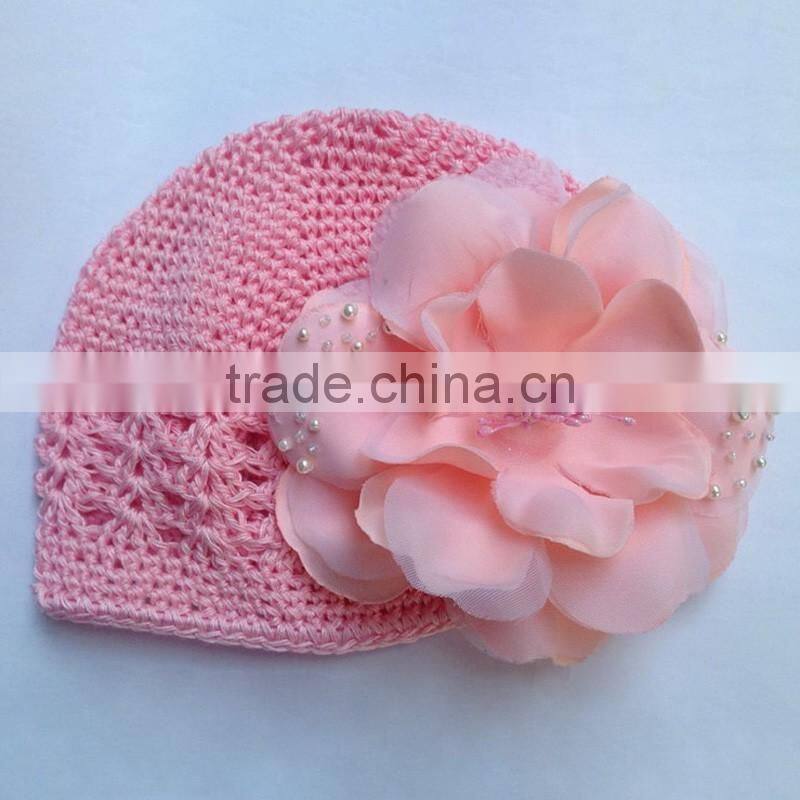 big flower peach color handmade crochat hat with pearl kids photo props pretty cap HT6012001