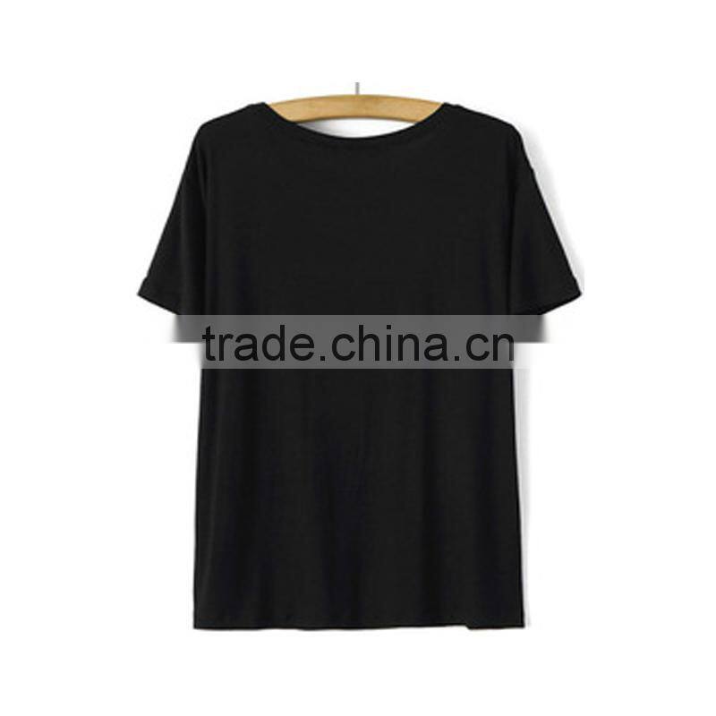 Black ladies t-shirt round neck short sleeve garment t shirt