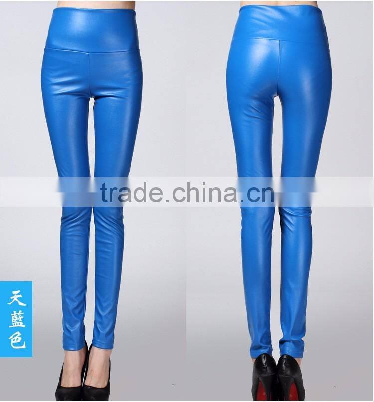 wholesale plain womens tight pants/sexy faux leather high waist leggings stretch PU pants laides skinny trousers