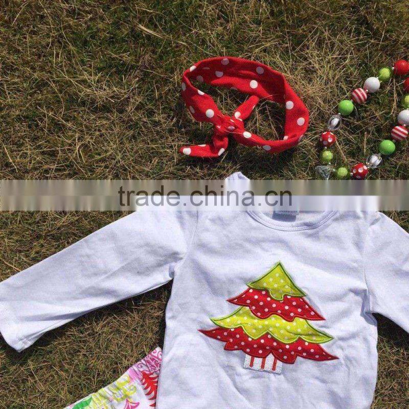 new design Christmas kids clothing winter clothes hot sell Christmas tree embroider white top ruffle pant with matching headband