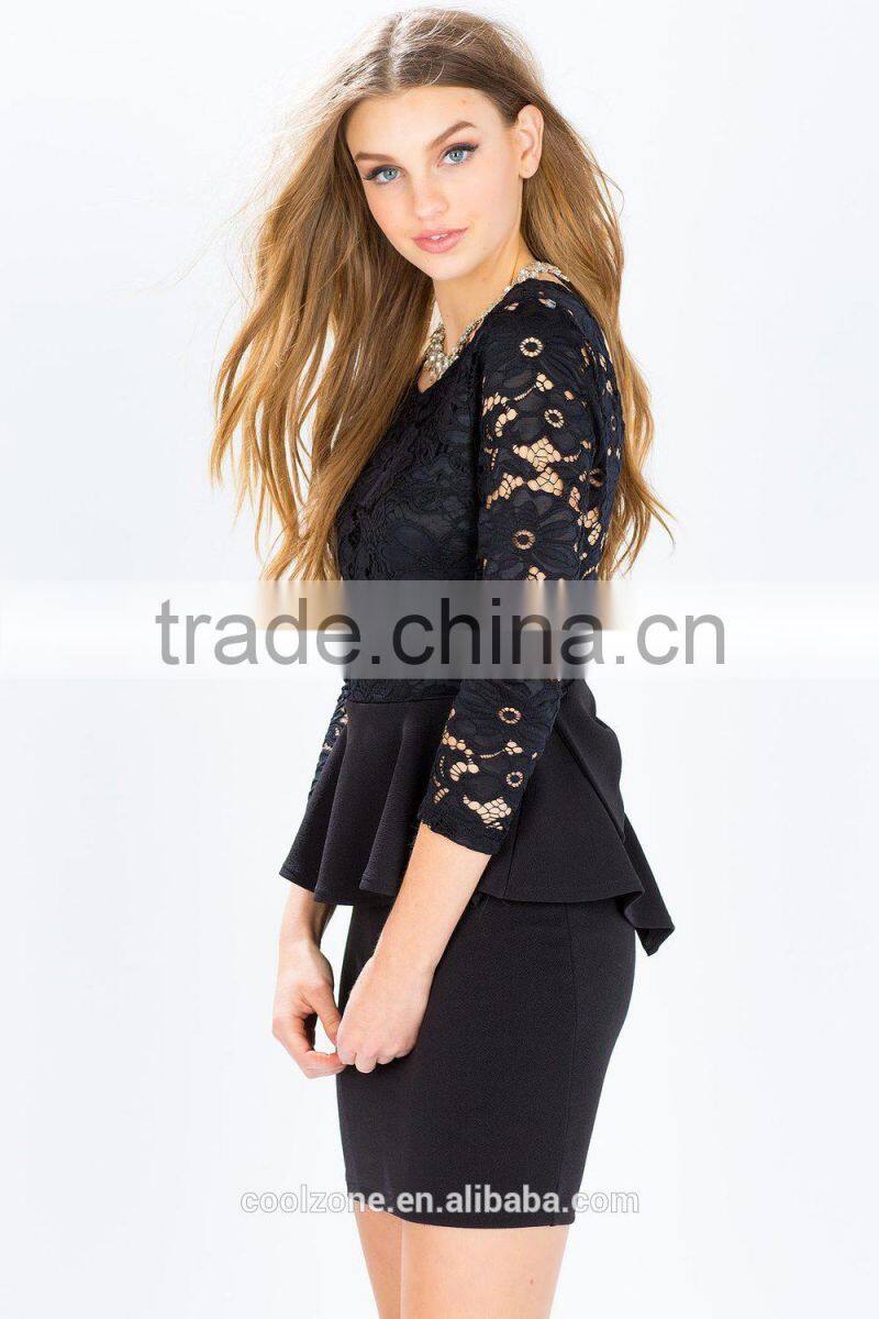 Three-quarter sheer sleeves V back peplum lace dress design