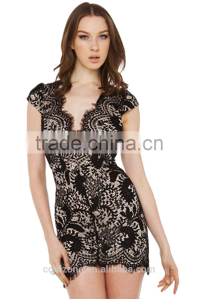 Sexy v neck cap sleeve lace dress wholesale halter lady lace evening dress 2016