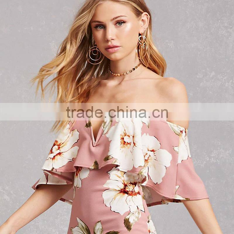 2017 splited neck and off-shoulder women printed sexy bandage dress