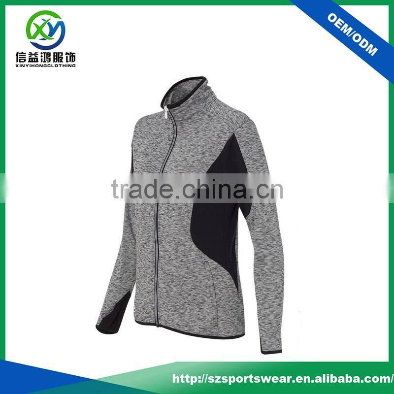 New style cation polyester blend splicing full zip hoody sweater for women