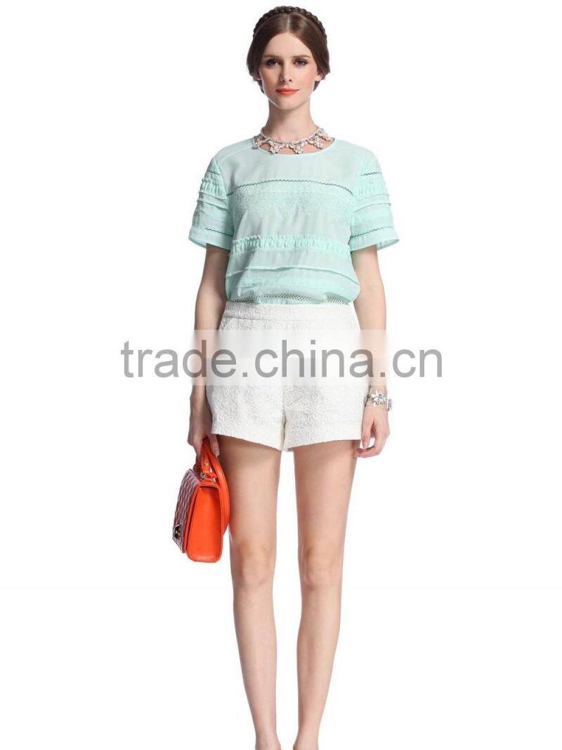 Womens Oem serrvice lace and chiffon combined loose high quality shirt/blouse wholesale