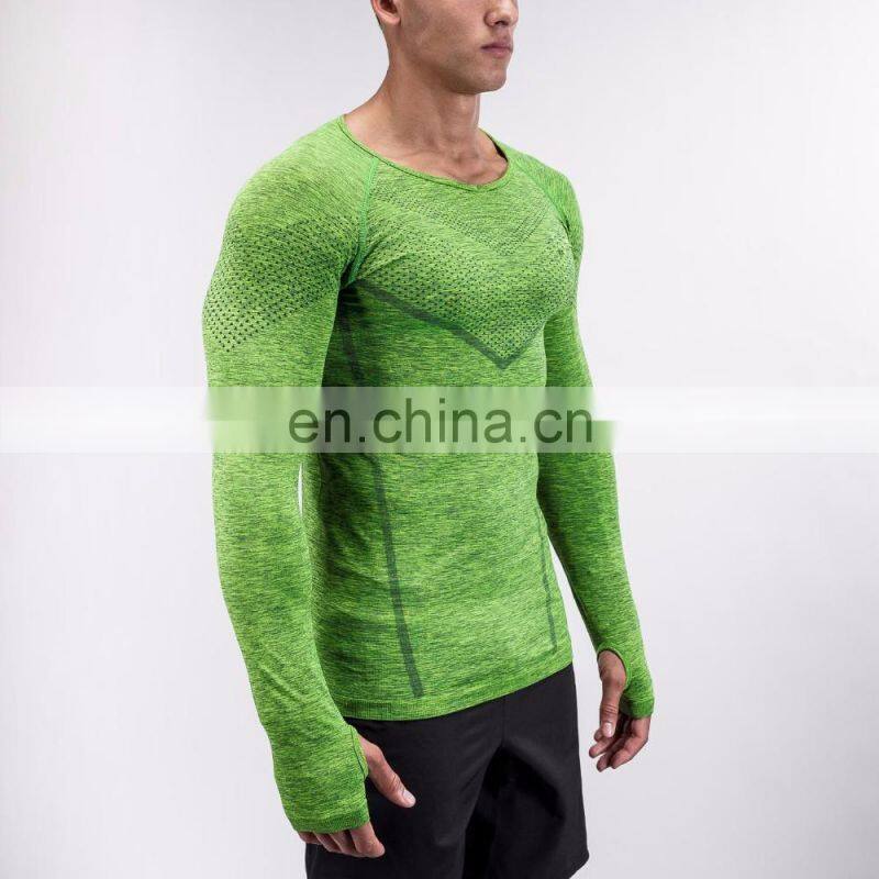 Wholesale Latest Design Gym Wear Mens Seamless Performance Green men Long Sleeve T Shirt