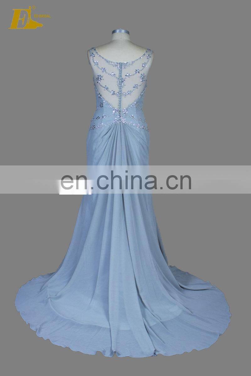 Real Sample Sleeveless See Through Back Beaded Chiffon Evening Dress Women With Train