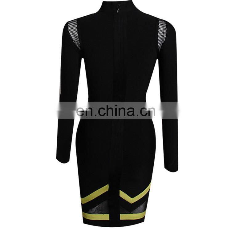 Amigo 2017 new designer black long sleeve high neck mesh midi sexy lace bandage dress evening dresses for women club wear