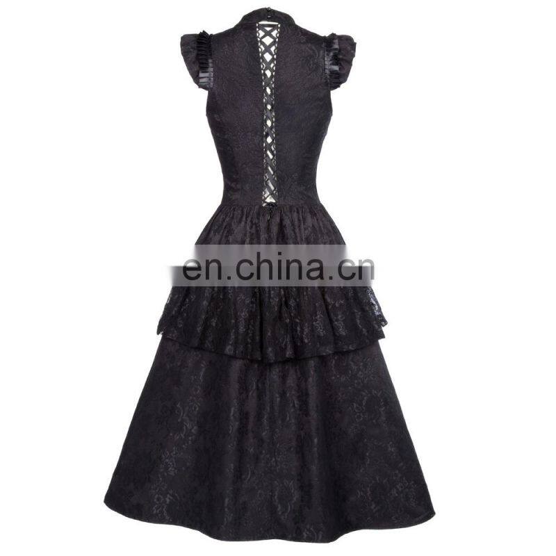 Belle Poque Retro Vintage Cap Sleeve High-Neck Sheer Bodice Black Lace Swing Dress BP000380-1
