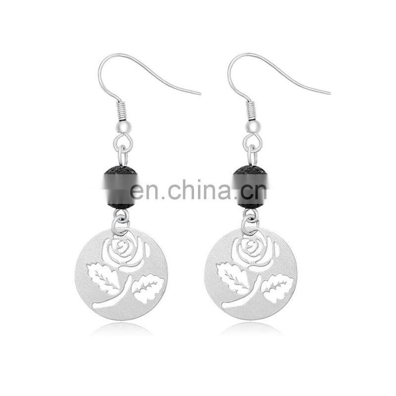 Jewelry Fashion Metal Custom Stainless Steel rose flower 8 mm black lava stone earrings