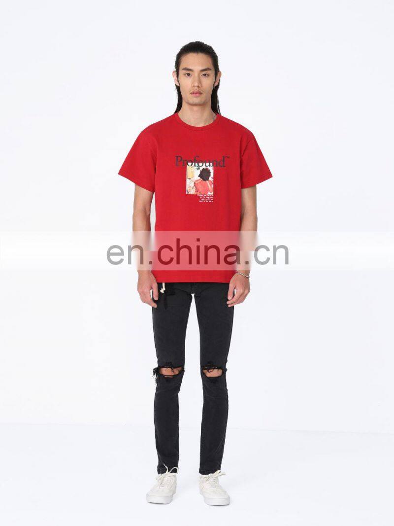 DiZNEW 2020 European and American Mens Vintage pullover organic cotton t shirt red