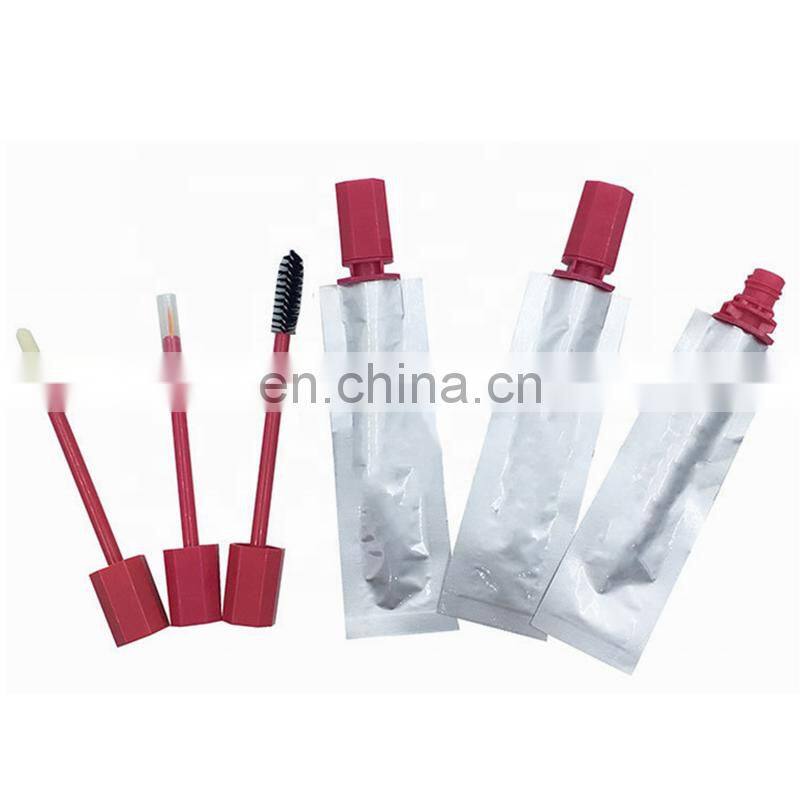 Custom printed makeup cosmetic spout pouch mascara and lip spout packaging bag with brush