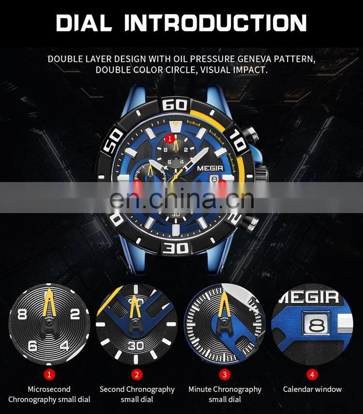 MEGIR 2121 Men Current Original Quartz Watches Silicone Strap Analog Calendar Stopwatch Man Sport Wrist Watch