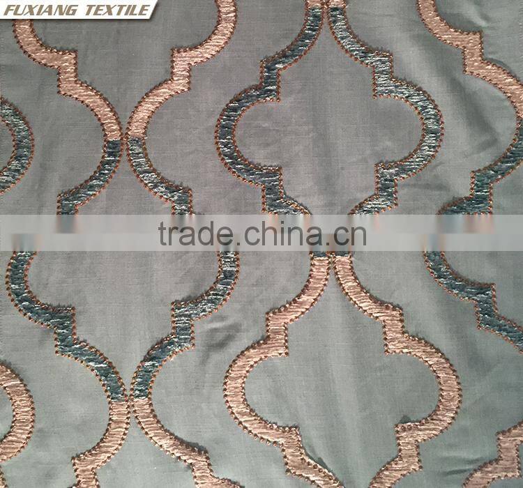 Poly-cotton canvas embroidered window curtain fabric color:blue,red,coffee, beige,ecru,white