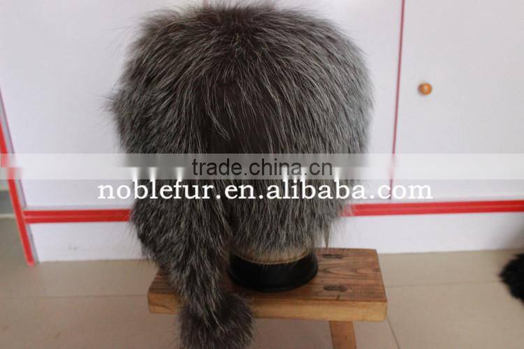 popular plain solid color silver fox fur winter hat with long tail ball