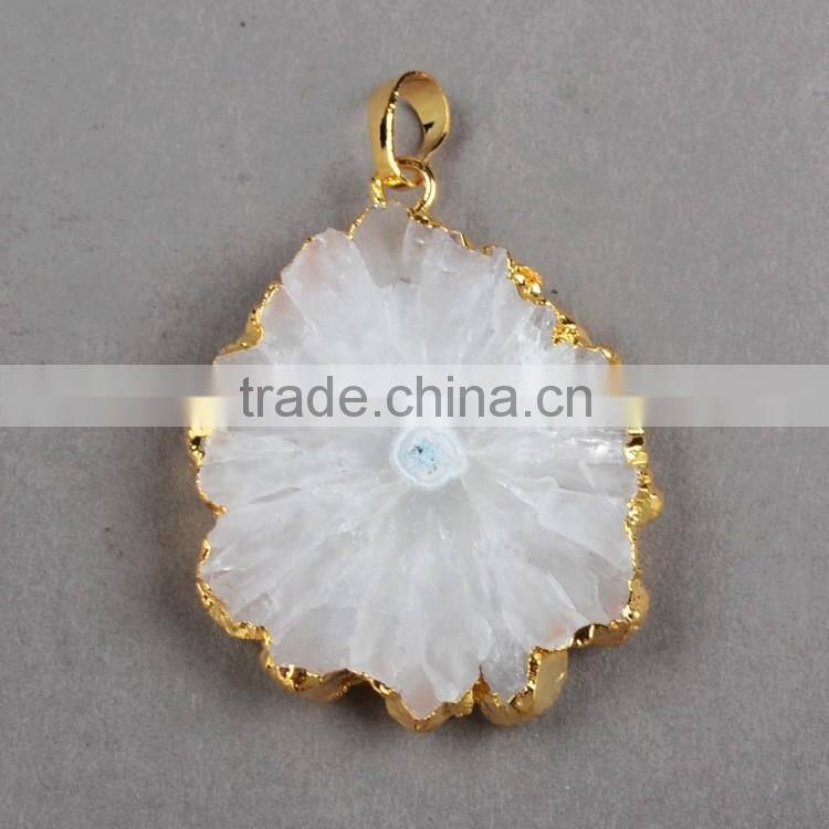 Fashion Druzy Pendant, 18K Gold Plated Opal White Flower Solar Quartz Charm Pendant