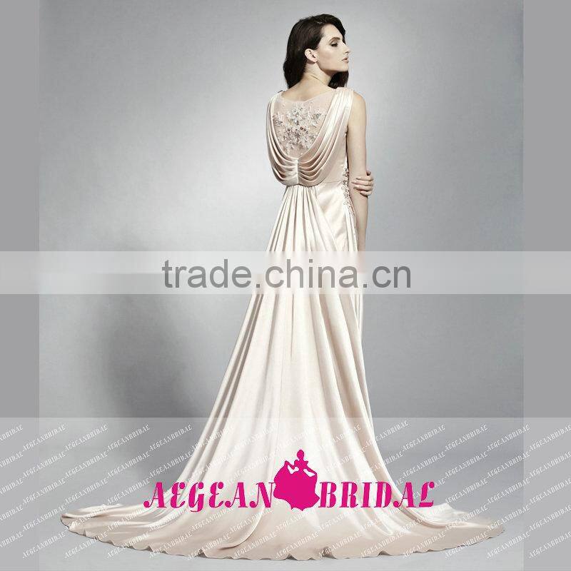 HT32 Hot Sale Elegant High Neck Cap Sleeve 2015 Prom Dresses Floor Length Beaded Applique Satin Vestido De Formatura Longo