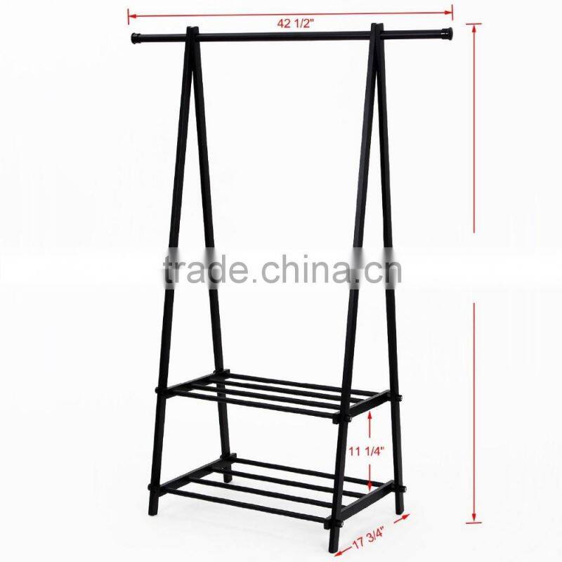 Black Metal Coat Hat Rack 2-tier Garment Drying Rack Clothes Shoe Organizer