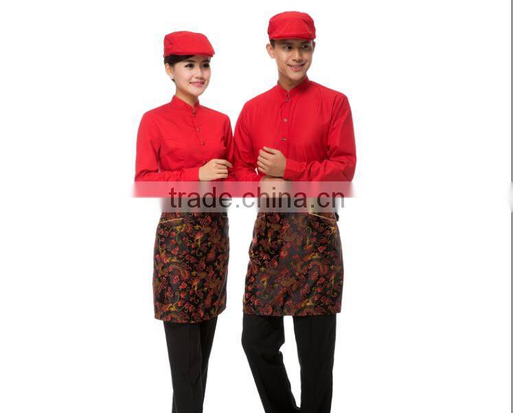 Custom made dark red shirt and black pant /apron Chef Uniforms restaurant waiter long sleeve work sets