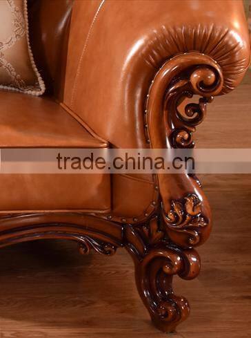 Luxury Chinese style solid wood double hand carving genuine leather sofa set