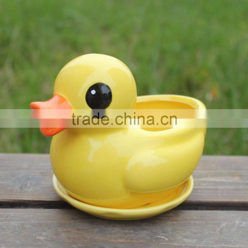 Attractive desktop decor yellow duck shape animal ceramic planter