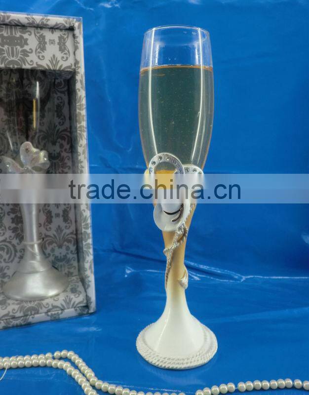 2014 hot selling wedding toasting flutes champange glass cowboy figurine