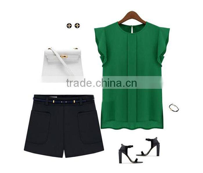 Hot cheap clothes china Womens Summer Casual Clothing Loose Short Tulip Sleeve Chiffon Blouse Shirt Tops