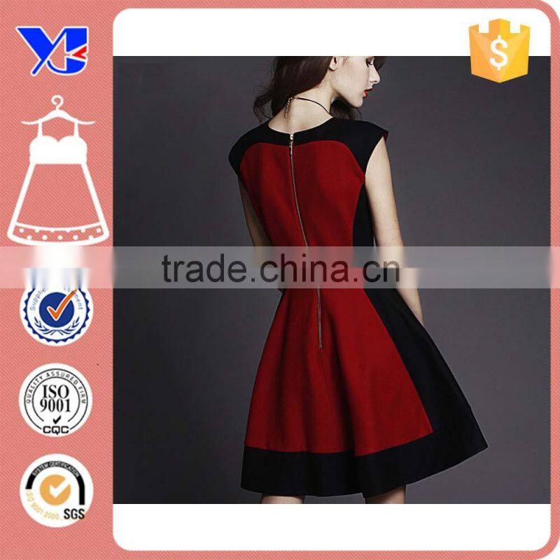 Sleeveless Colorblock Slim Midi Fashion Vintage Wine Color Spring Autunm Sun Dress