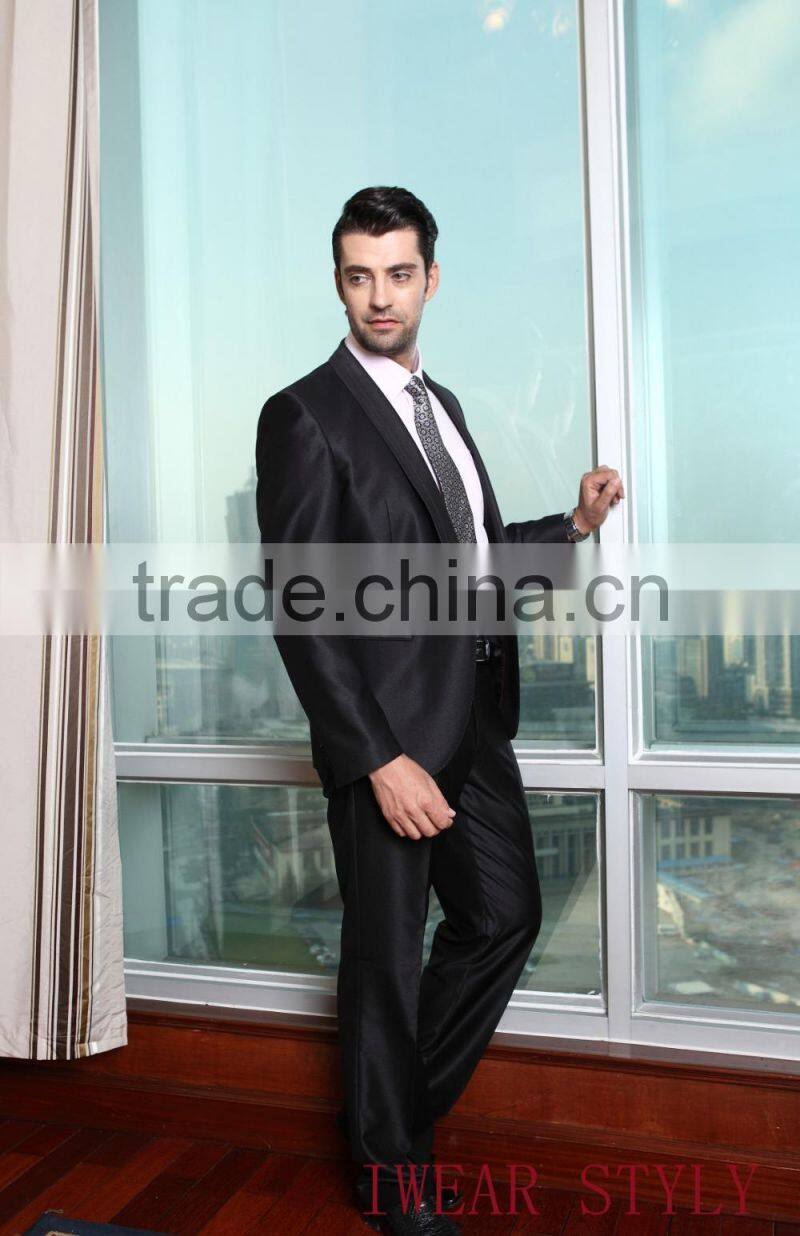 2015 custom made fashion satin lapel black suits for men