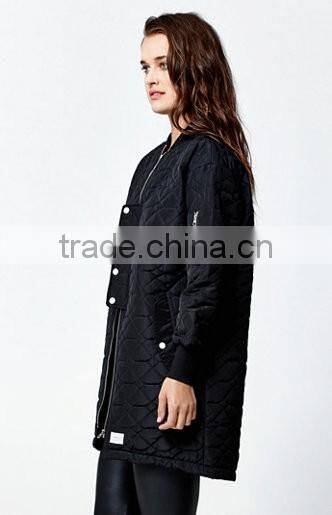 Women Solid Black Color Nylon Stone Cut Quilted Longline Bomber Jacket