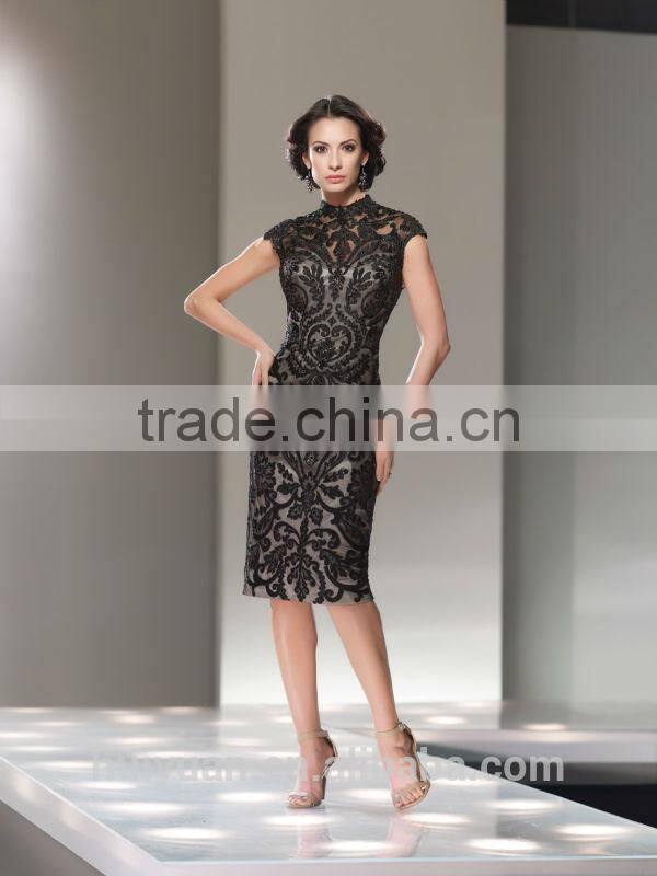 high neck black lace cap sleeve woman office evening dress