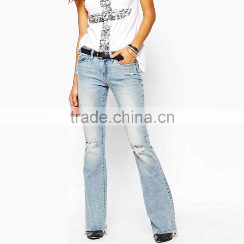 light blue plain knee ripped wide botton new model jeans pent style