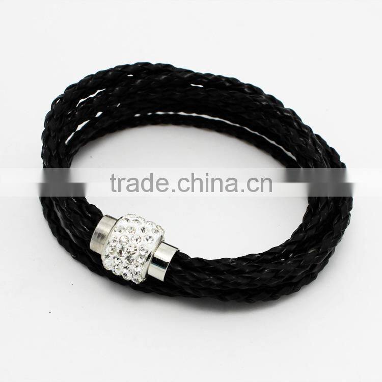 Leather Wrap Wristband Cuff Punk Magnetic Rhinestone Buckle Bracelet Bangle