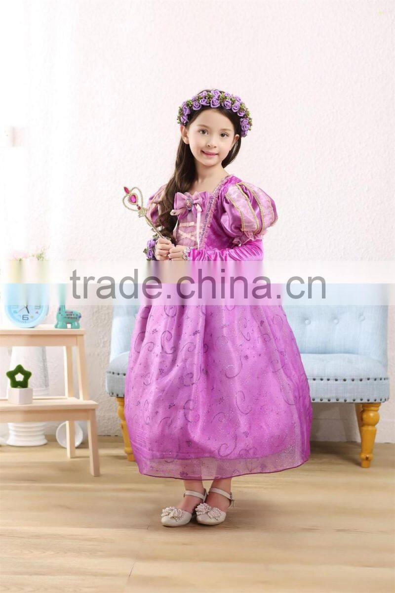 MGOO Winter Fashion Forzen Purple Princess Dress Satin With Gold Chain Party Gowns For Kids