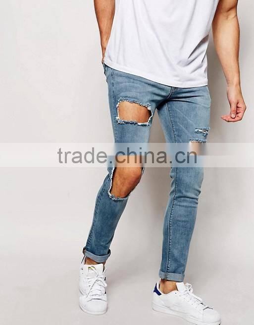 Slim Fit Straight Cut Knee Ripped Acid Wash Jeans Trousers for Men