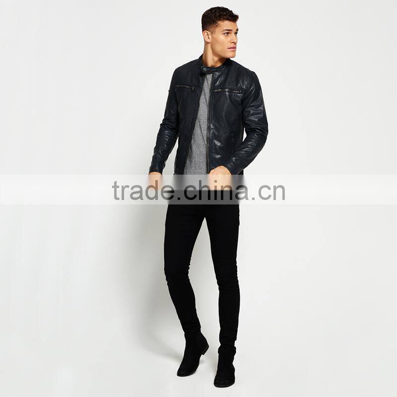 Classic real hero collarless round neck biker waterproof leather men jacket