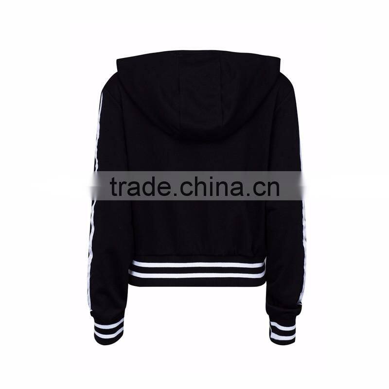 Ladies Black Plunge Laced Up Stripe Trims Cheap Hoodie Wholesale