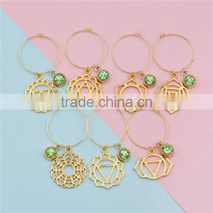 Yoga Healing Hoop Earrings Gold Plated Round Flower Green Rhinestone Wine Glass Marker Charms