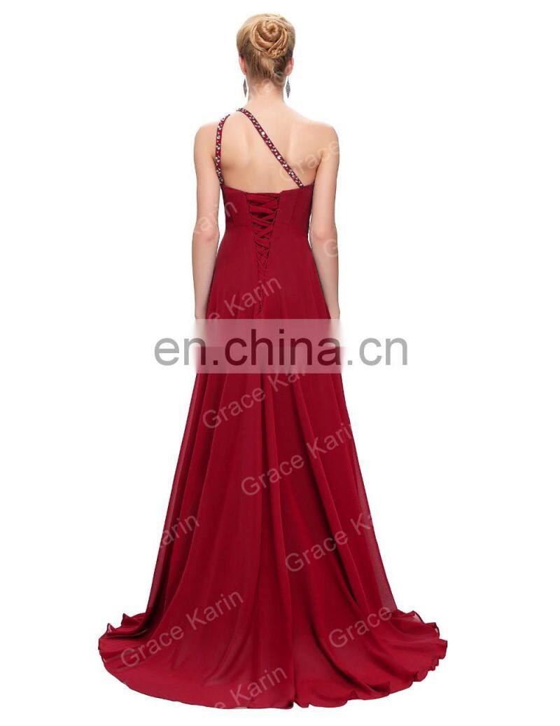 Grace Karin Fashion Beaded One Shoulder Dark Red Chiffon Prom Dress Long CL2949-7