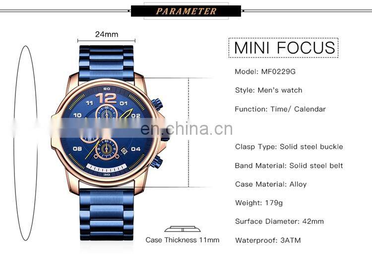 MINI FOCUS MF0229G Simple Calendar Watch With Date Quartz Chronograph Stainless Steel Watches Men Wrist