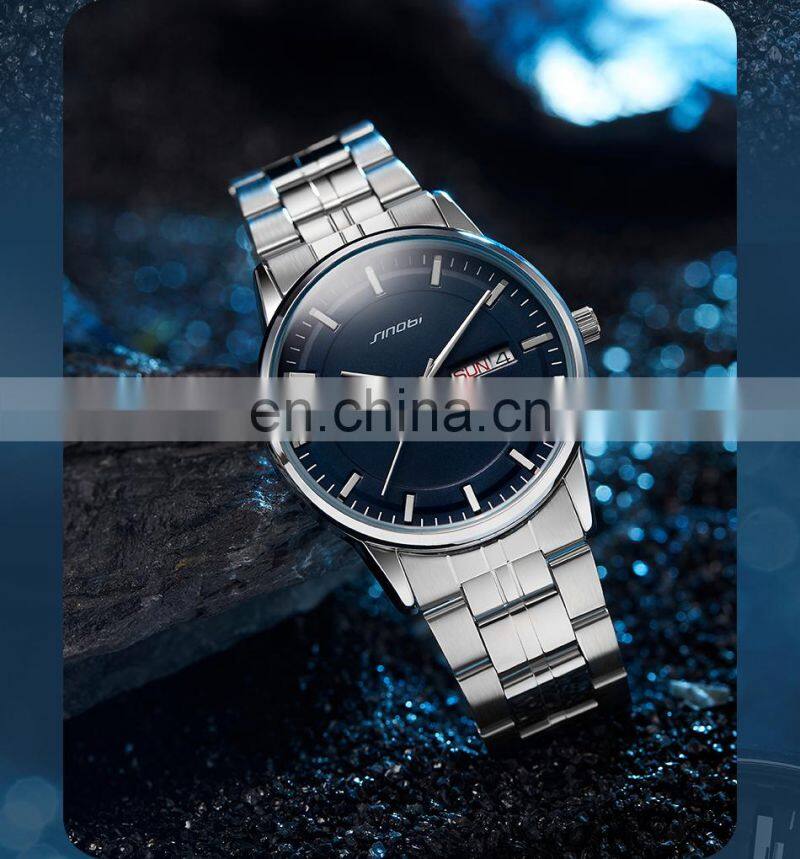 SINOBI Male Classic Black Dial Watches S9834G Dual Calendar Window Man Wrist Watches Business Man Steel Watch