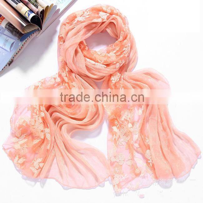 Korea Lady Fashion Flower Embroidery Double Layered Lace Chiffon Scarf