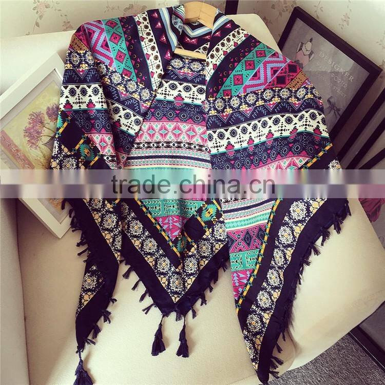 Fashion Retro Printed Pattern with Tassels Women Square Pashmina Encryption Twill Cotton Scarf