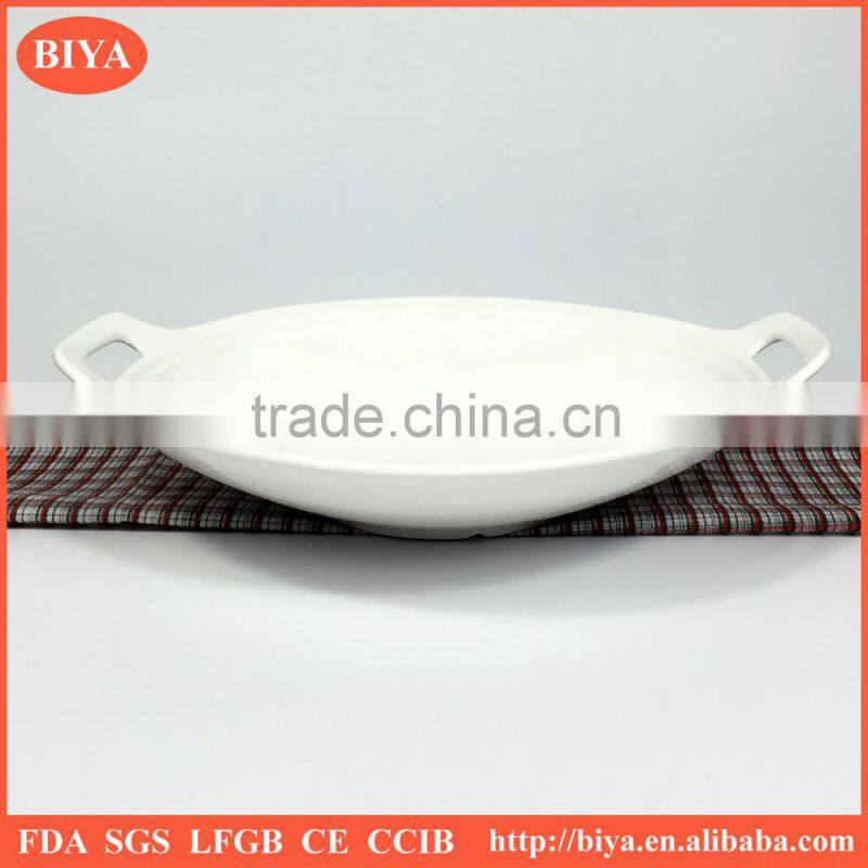 ceramic pan good sales porcelain round shape large soup bowl with handles, ceramic big size soup bowl tableware kitchen