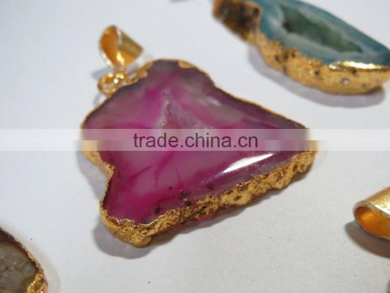 Natural ELECTROPLATED GOLD Agate Slice Pendant