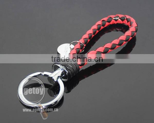 Hot Sale Manual Hand Braided Rope Silver Zinc Alloy Metal Round Tag Braided Leather Cord Black Red Leather Straps Braid Keychain