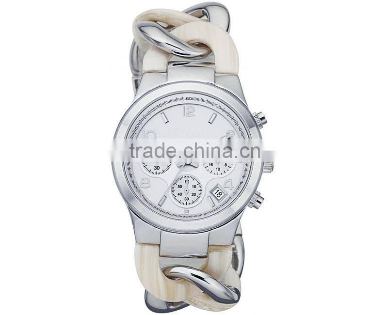 Custom brand lady vogue oem japan movt chronograph quartz women's stainless steel acetate watch waterproof 5ATM