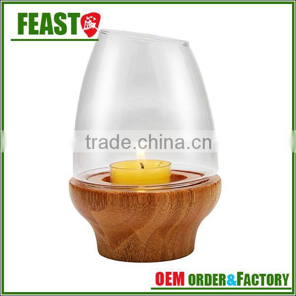 2015 New design glass candle holder decorative candle jar with wood stand