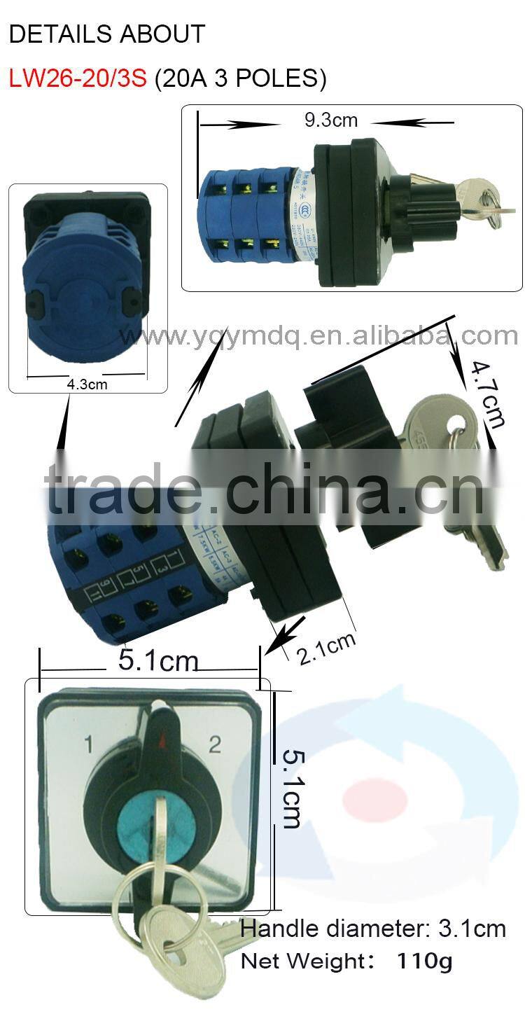 LW39B-16/2 with lock voltage automatic electrical changeover rotary cam switch two poles 3 positions 16A sliver point contacts